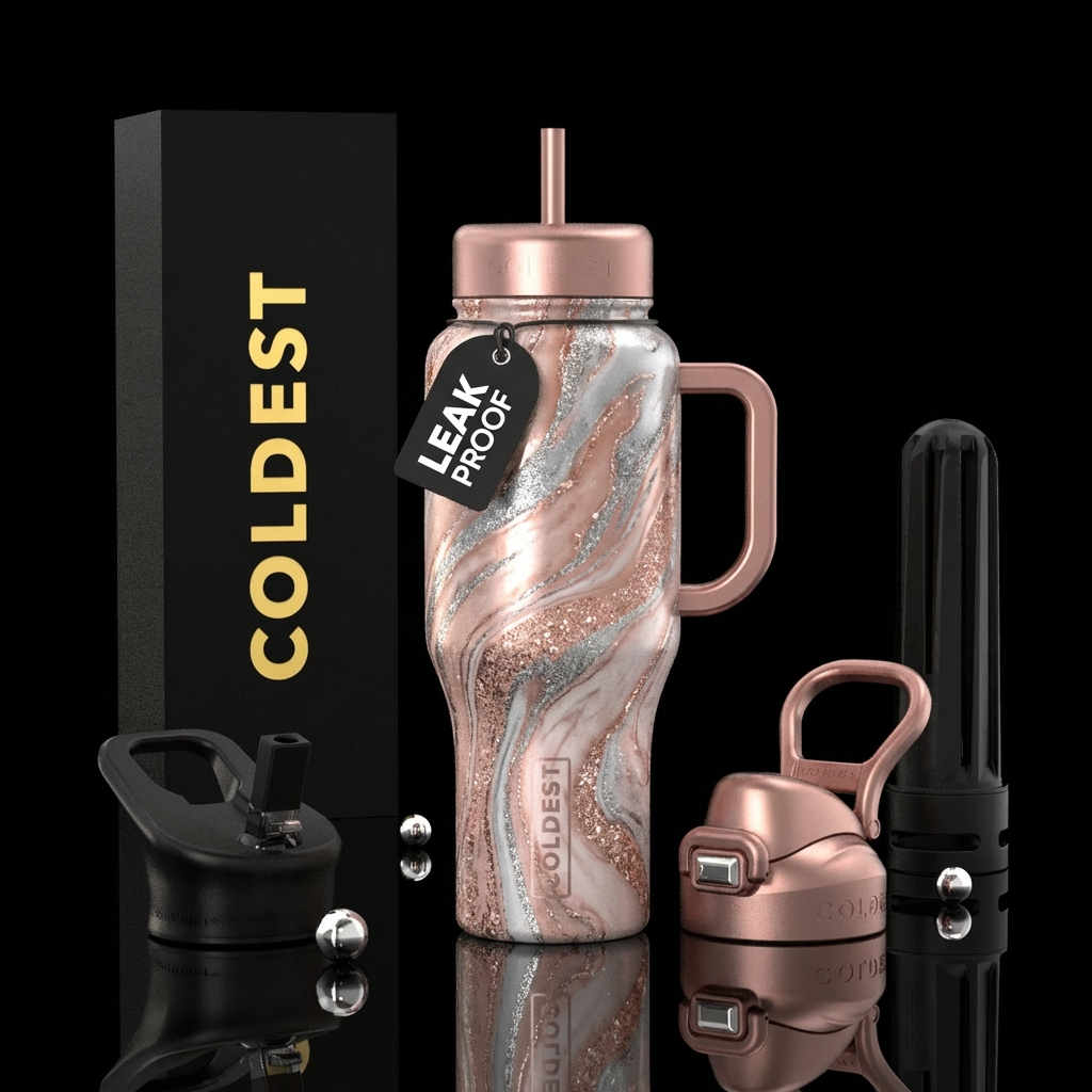 Rose gold, sliver, sparkly, swirls of marble water bottle design