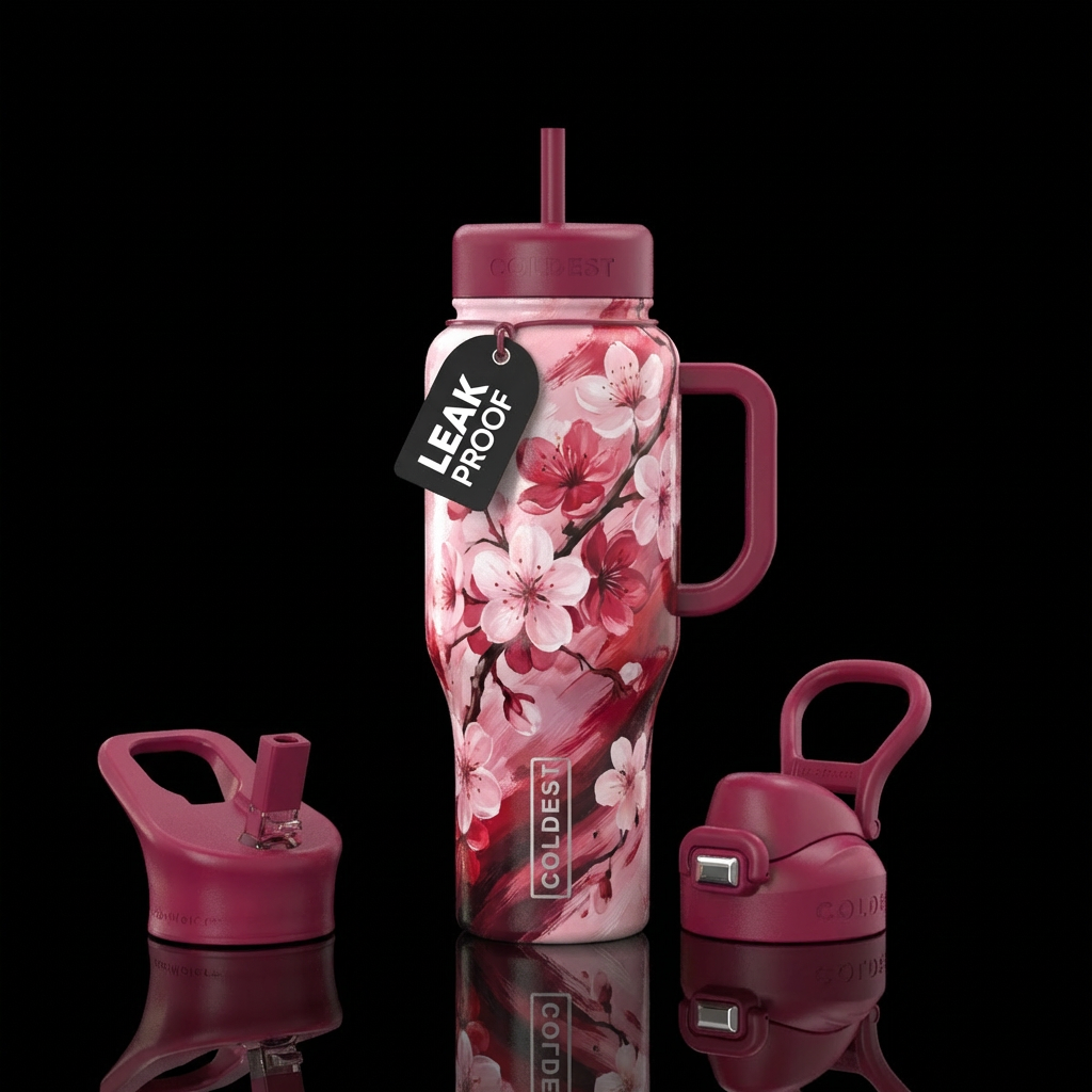 cherry blossom, brush stroke, realism water bottle design
