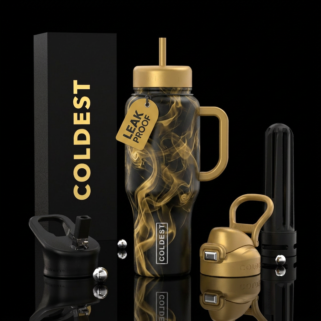 Gold and black swirling smoke water bottle design