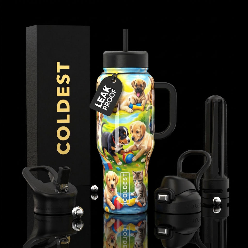 puppies playibg with kittens with bright happy col... water bottle design