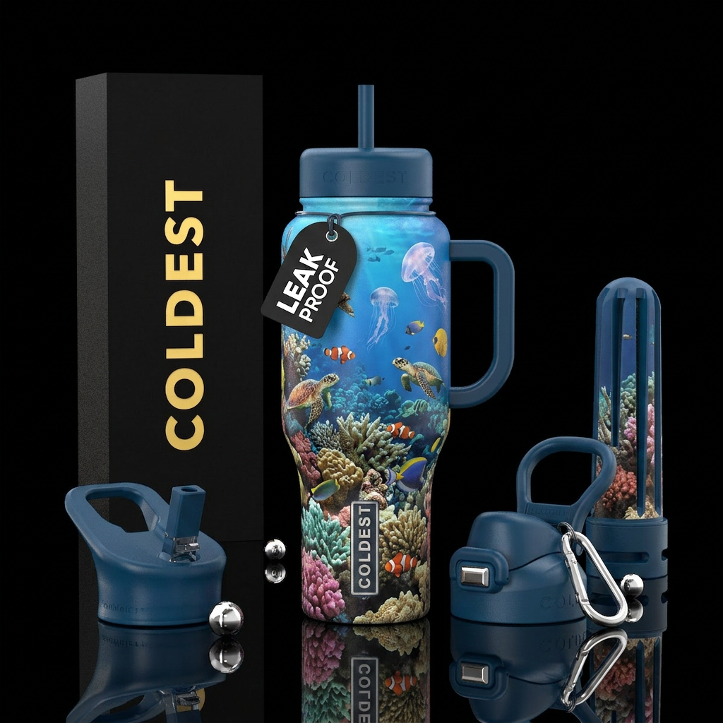 Realistic Coral reef with fish turtles and jellyfi... water bottle design