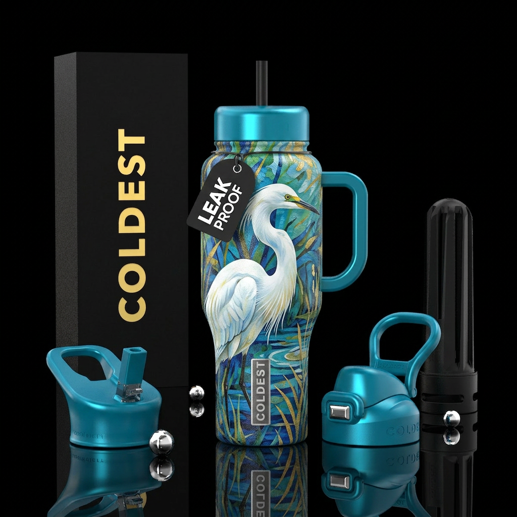 Snowy egret water bottle design