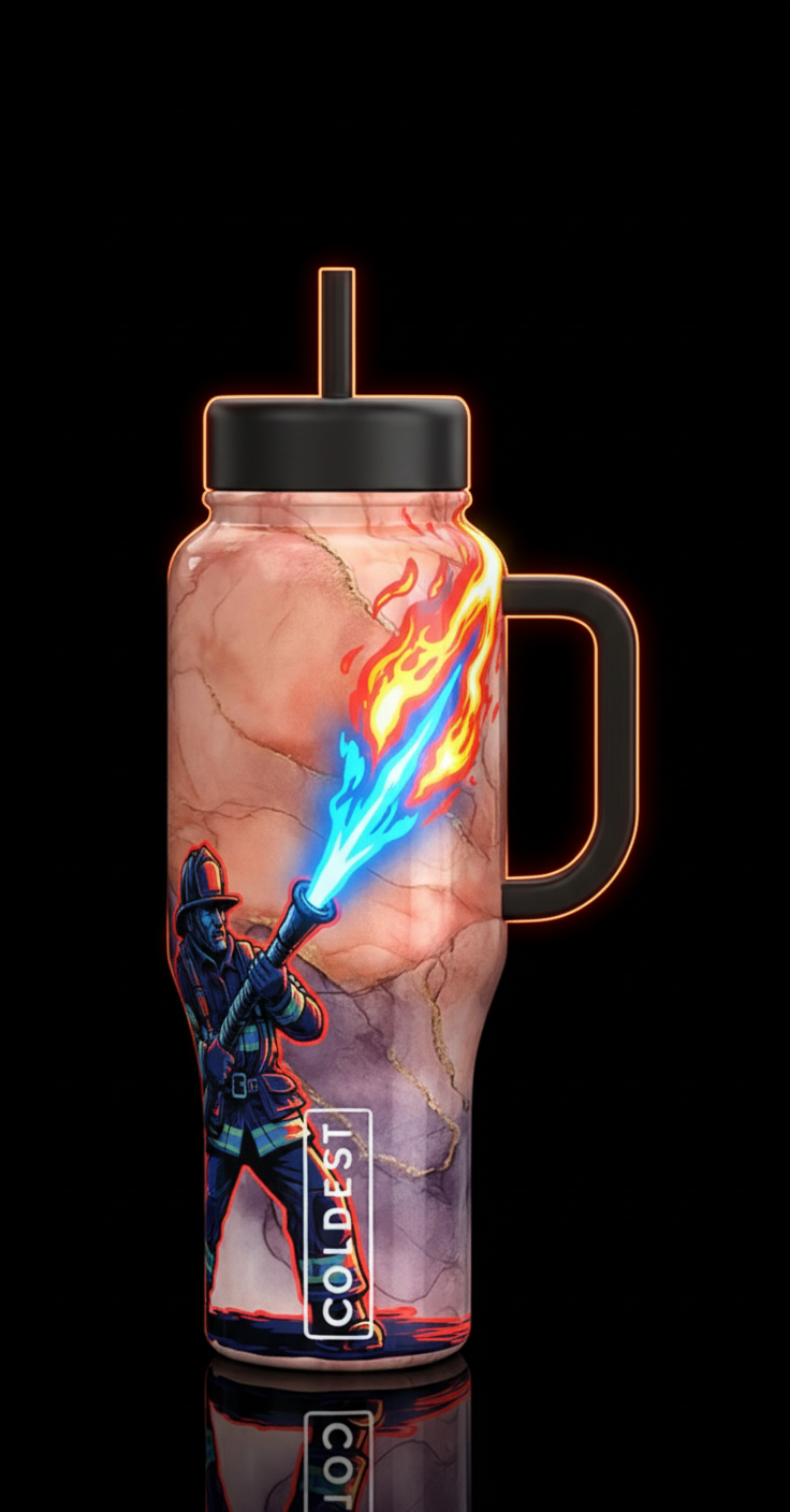 Gio's idea for a glowie firefighter cup as interpreted by AI water bottle design
