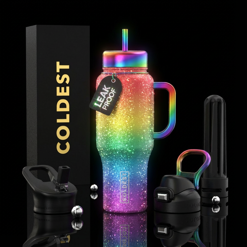 Rainbow colors faded into each other add glow and ... water bottle design