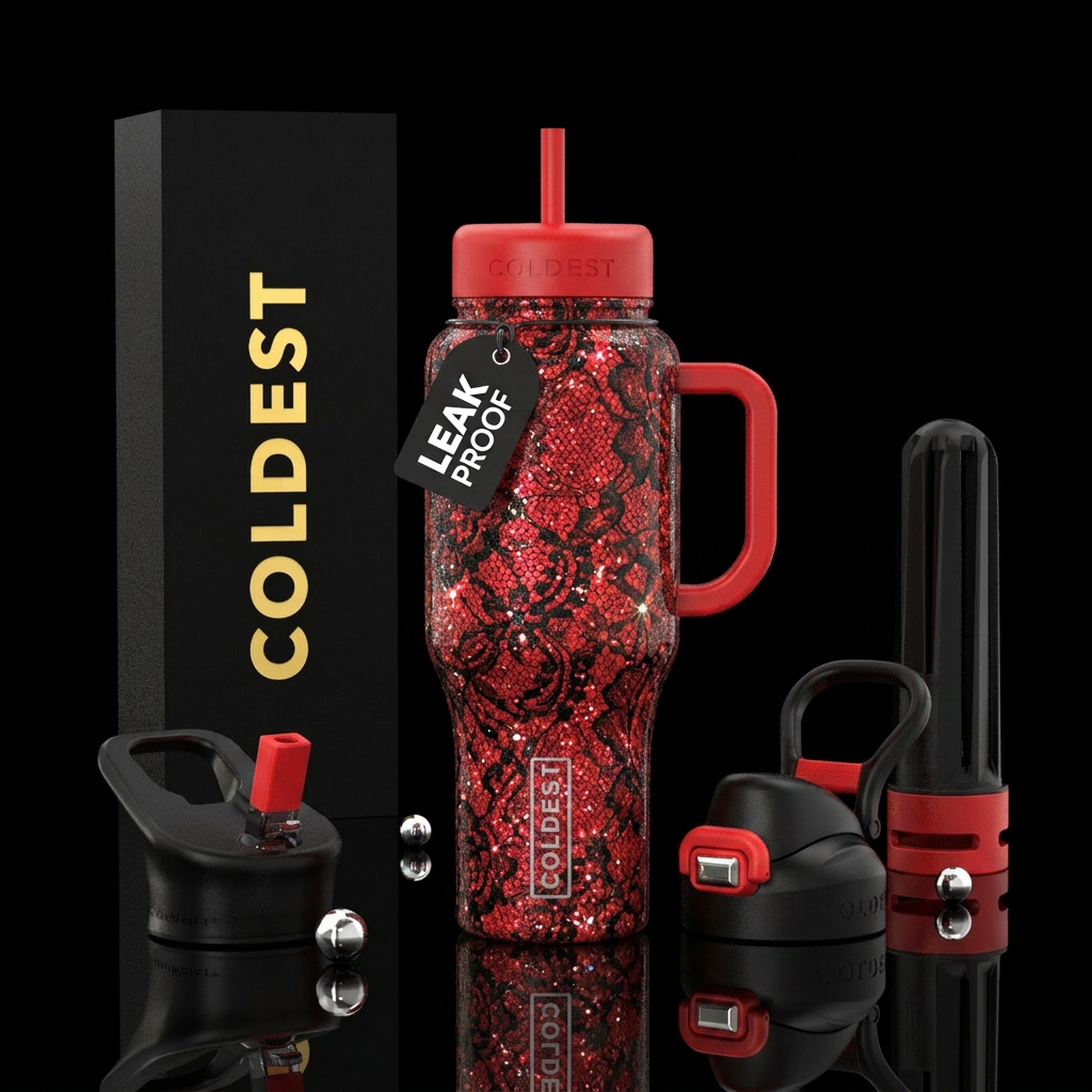 Red black lace glitter water bottle design