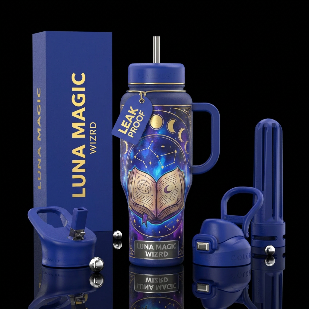 Luna magic book wizard water bottle design