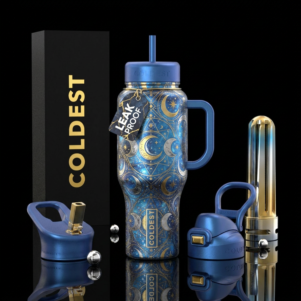 Luna gold silver blue water bottle design