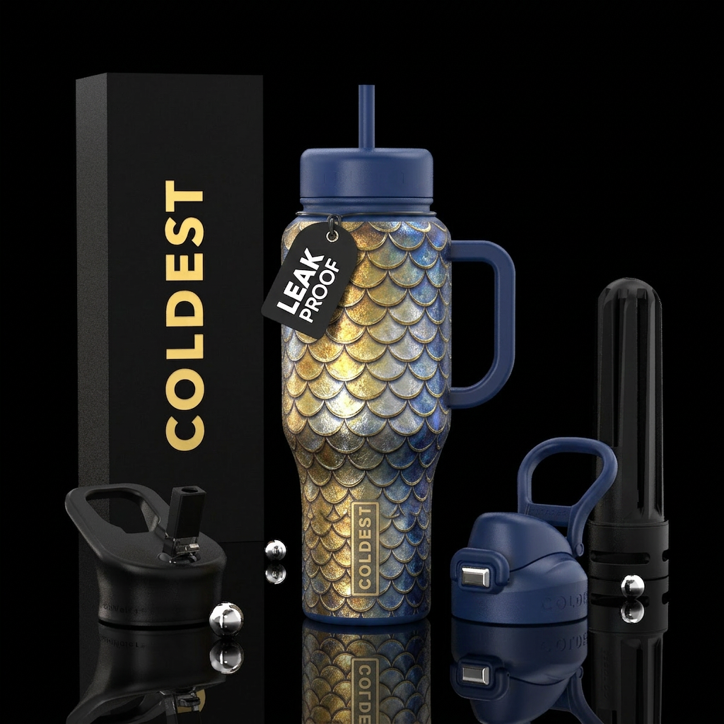 Luna gold silver blue  mermaid water bottle design