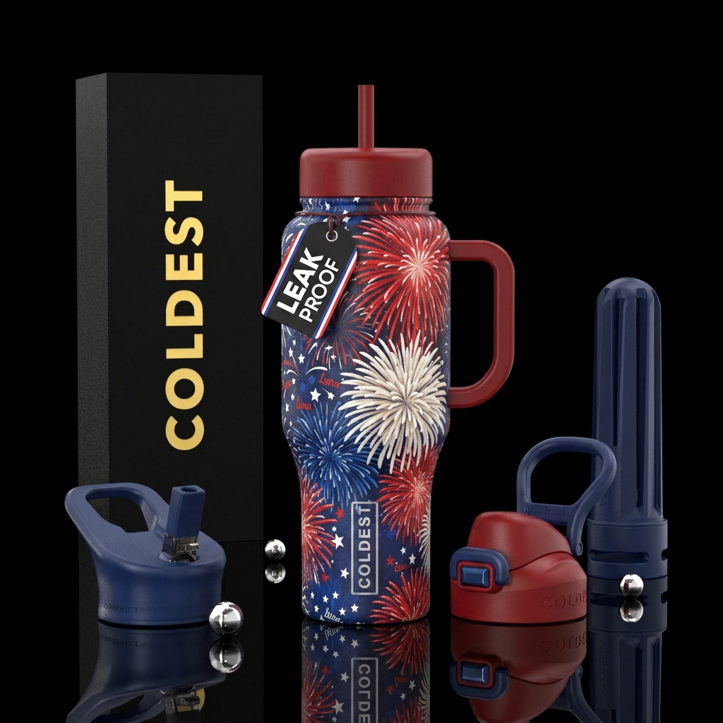 Luna fireworks red white and blue water bottle design