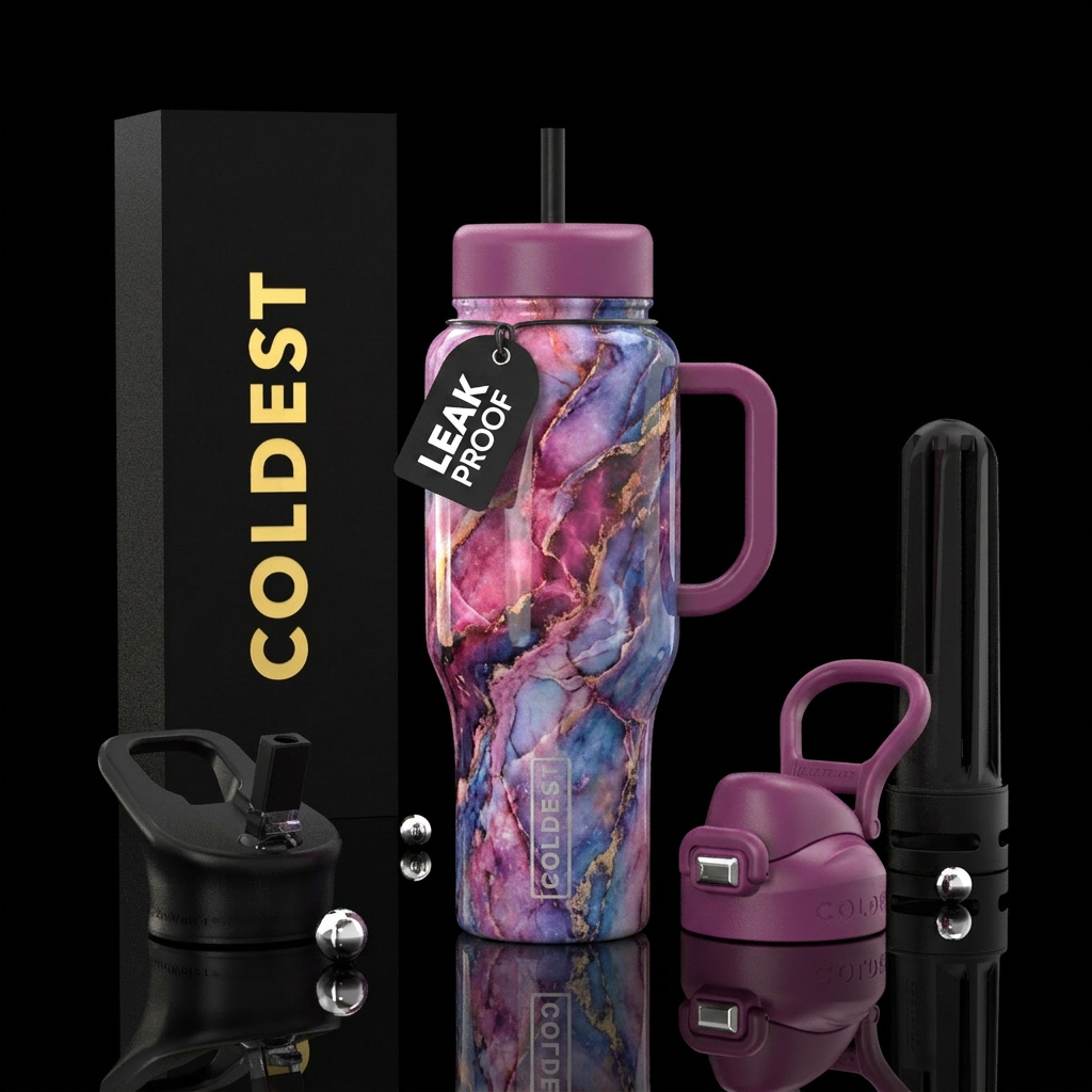luna marble pink purple water bottle design