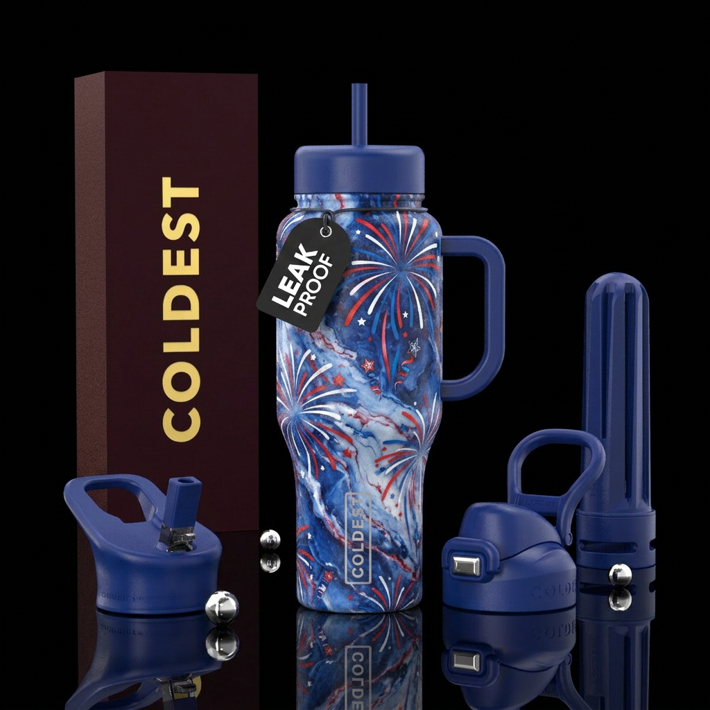 luna marble red white and blue fireworks water bottle design