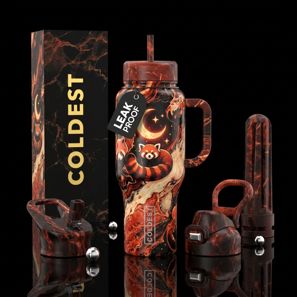 luna marble red panda water bottle design