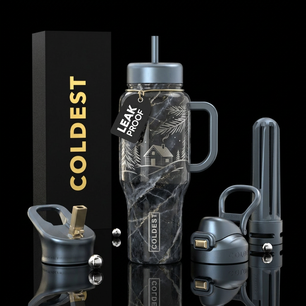 luna marble snow cabin water bottle design