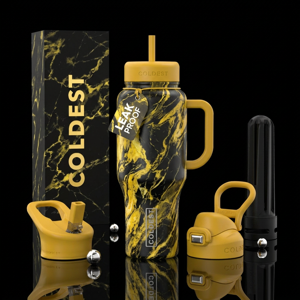 marble yellow and black water bottle design