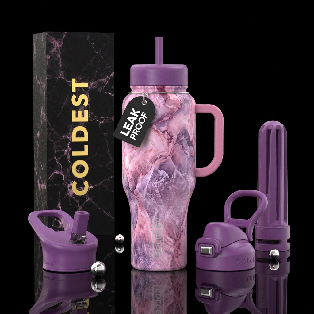 marble pink and purple ice water bottle design