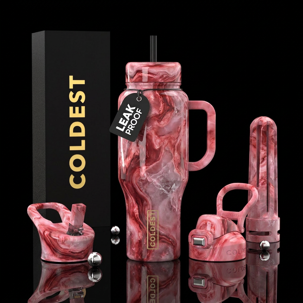 marble pink and red ice water bottle design