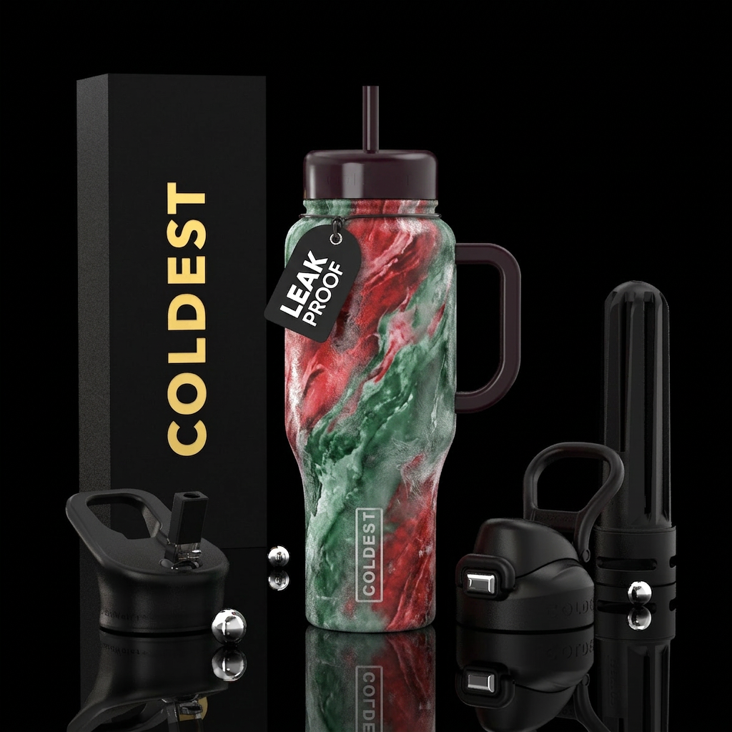 marble green and red ice water bottle design