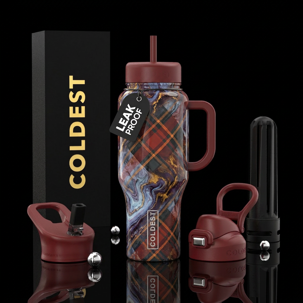 marble luna plaid bonfire water bottle design