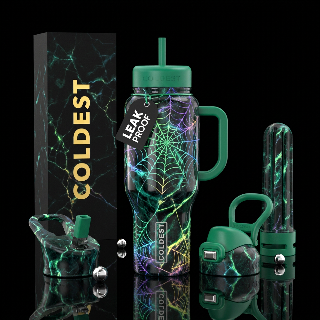 marble spider web glowie water bottle design