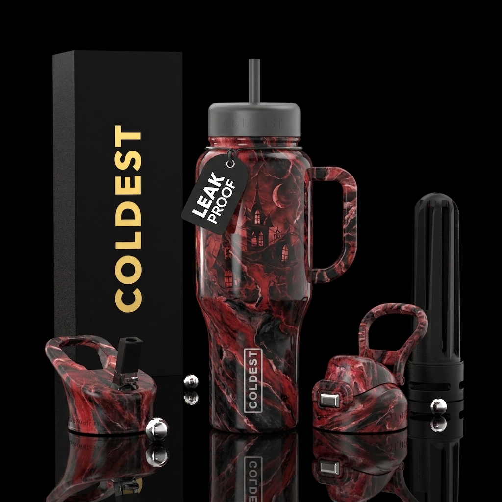marble haunted house red and black water bottle design