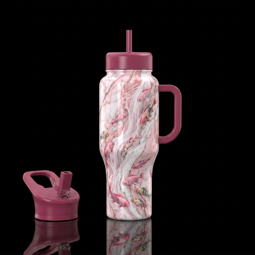 waterfall pink fish water bottle design