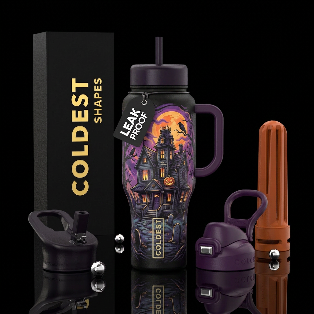 Spooky hunted house water bottle design