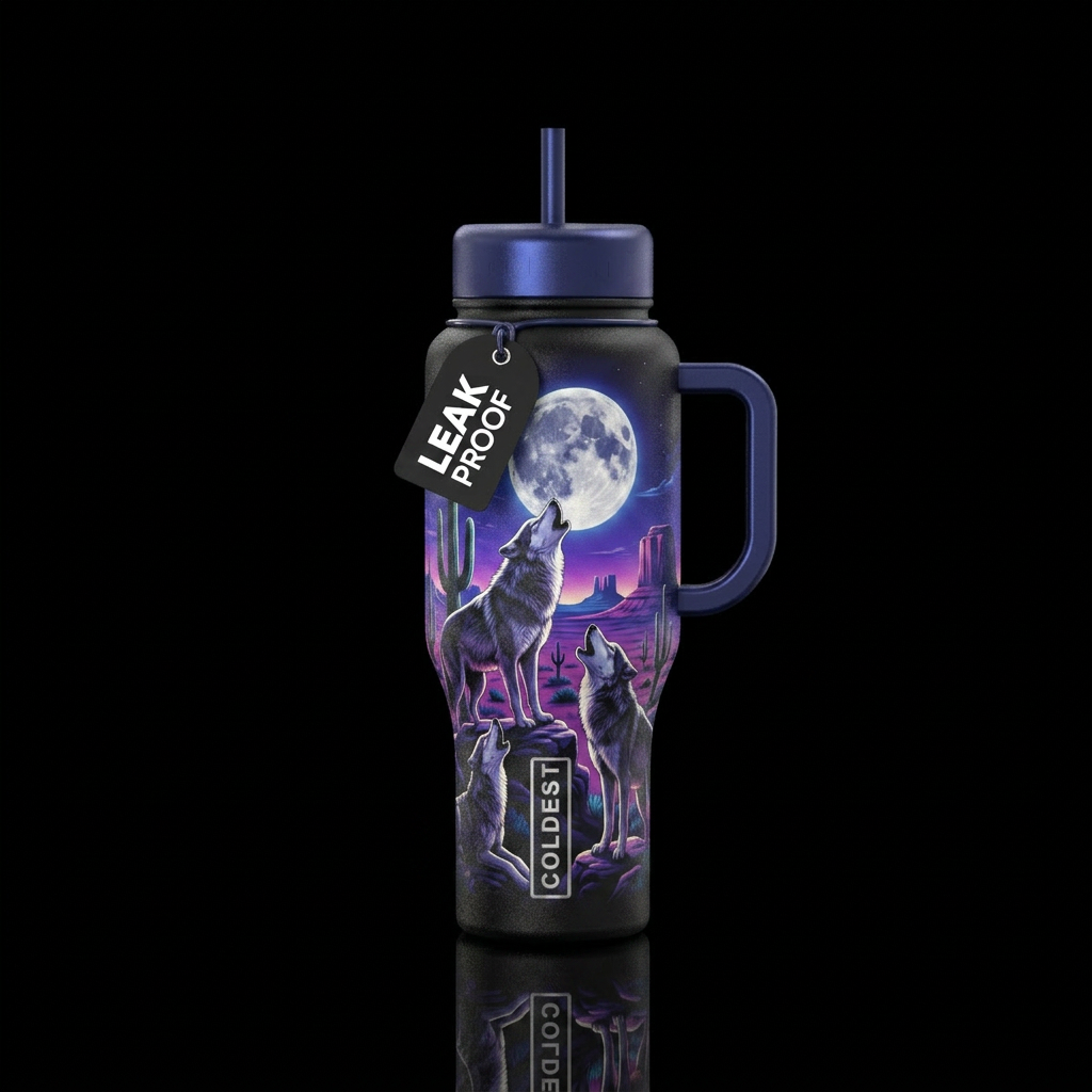 Wolf's howling at the moon in the desert water bottle design