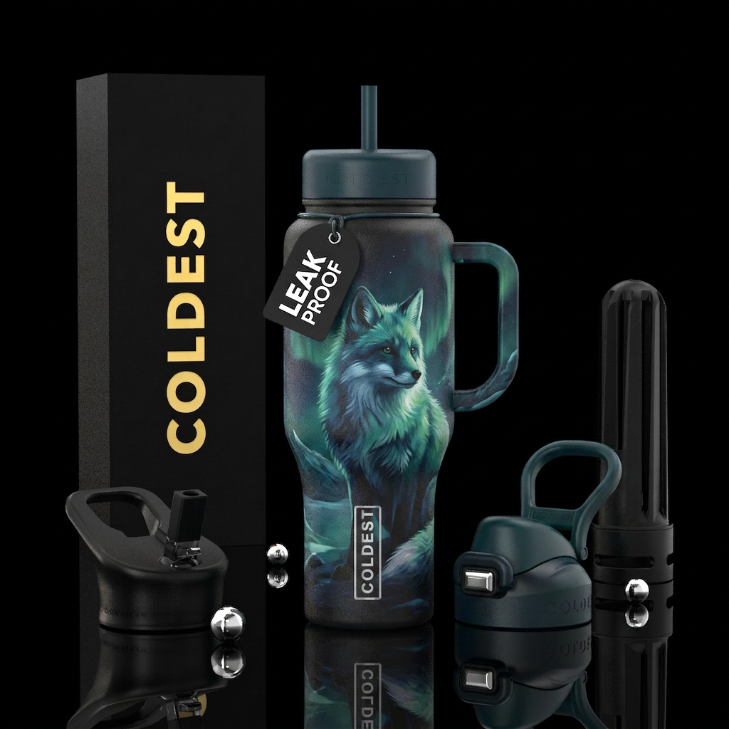 mysterious, arctic fox water bottle design