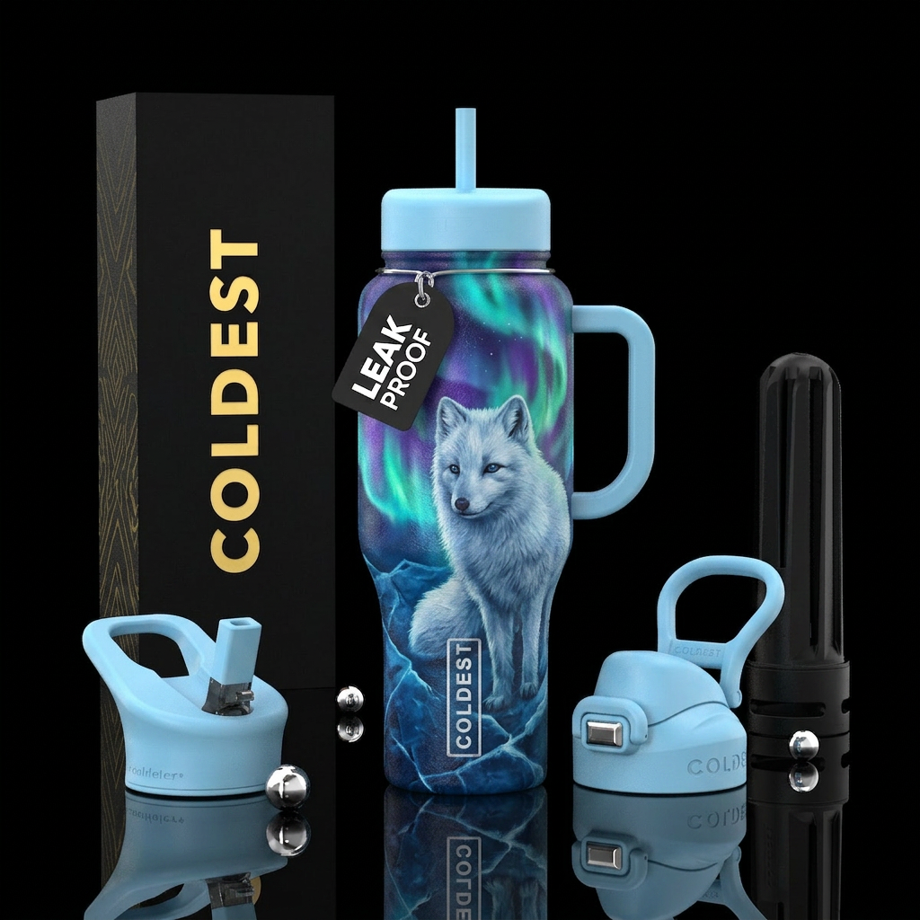 mysterious, arctic fox water bottle design