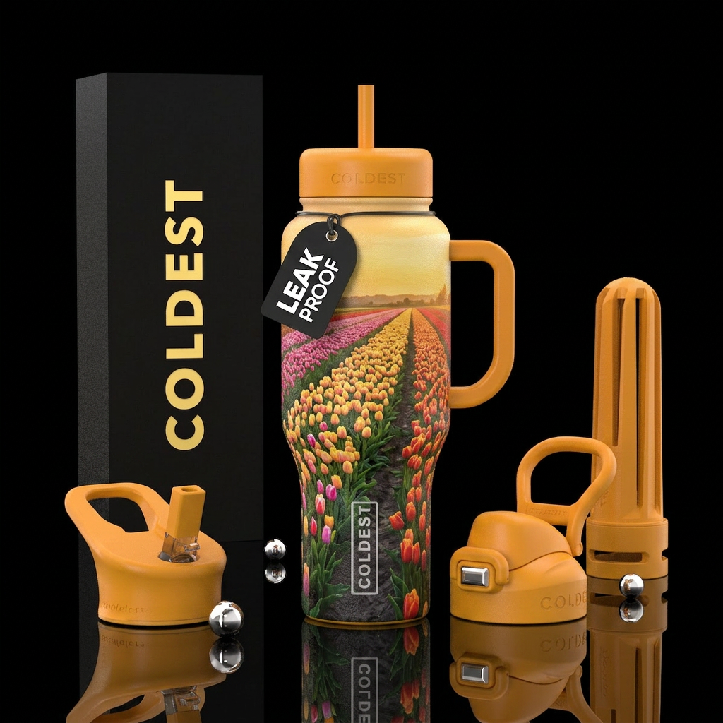 golden hour, tulip fields water bottle design