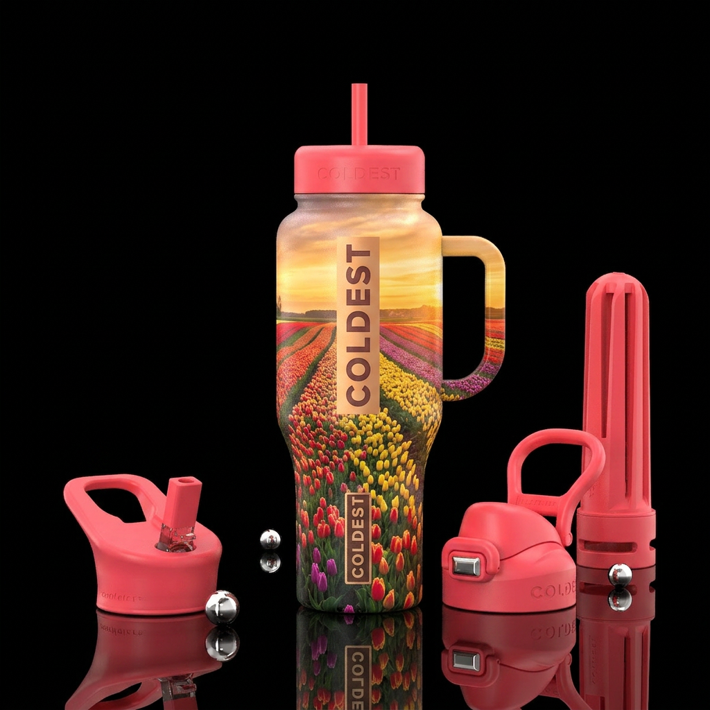 golden hour, tulip fields water bottle design