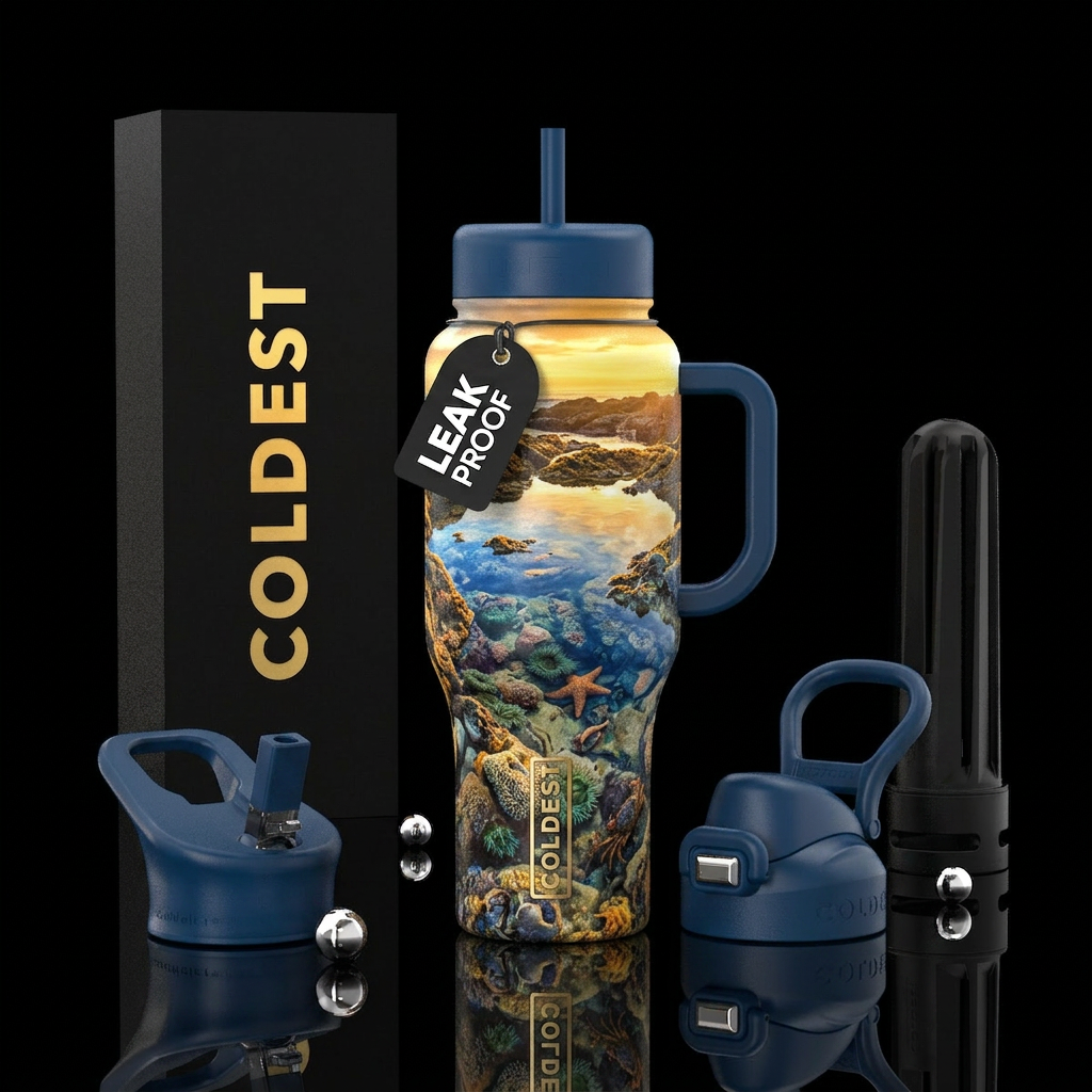 golden hour, tide pools water bottle design