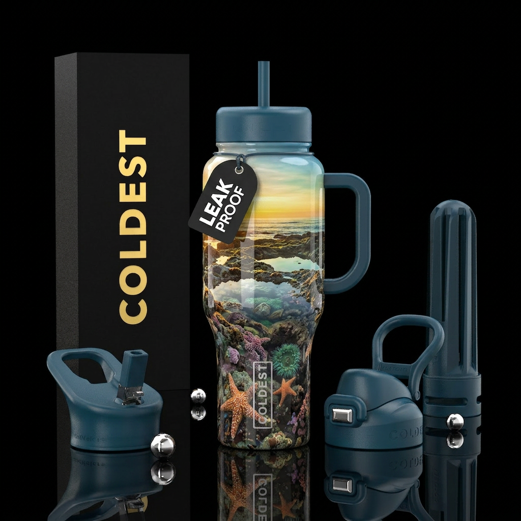golden hour, tide pools water bottle design