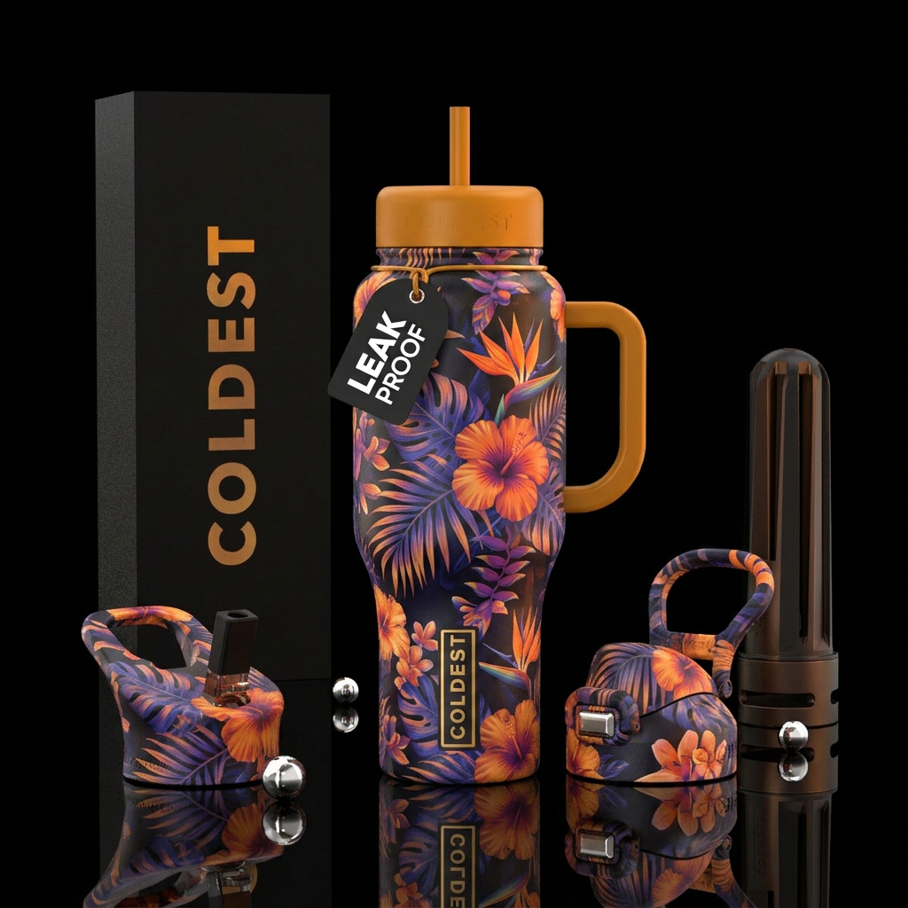 golden hour, tropical flowers water bottle design