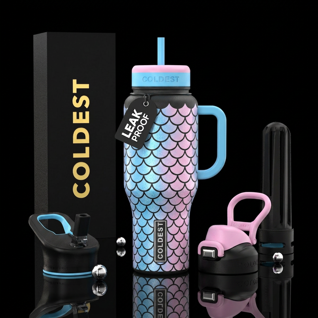 Mermaid sky blue and light pink scales water bottle design