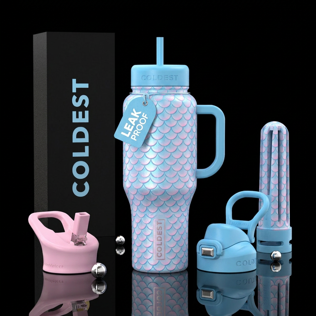 Mermaid sky blue and light pink scales water bottle design