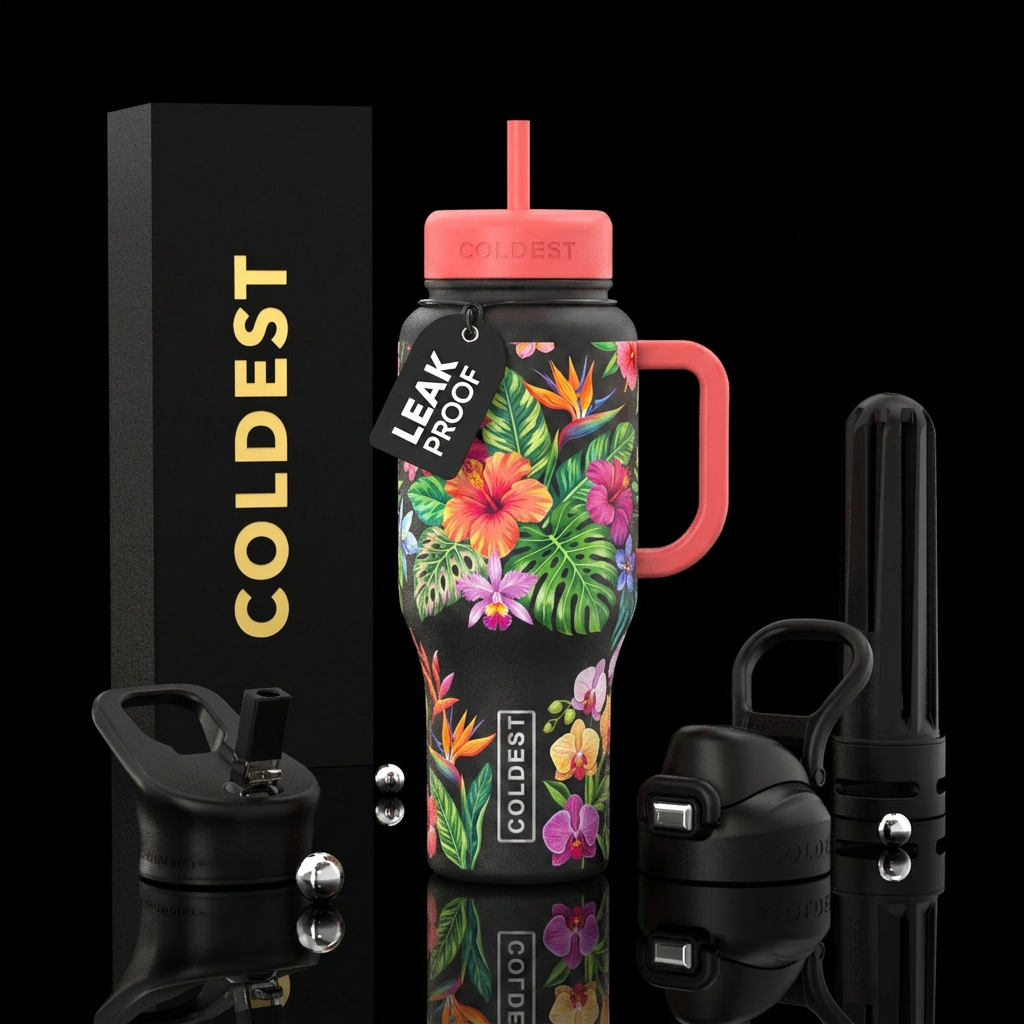 tropical flowers water bottle design