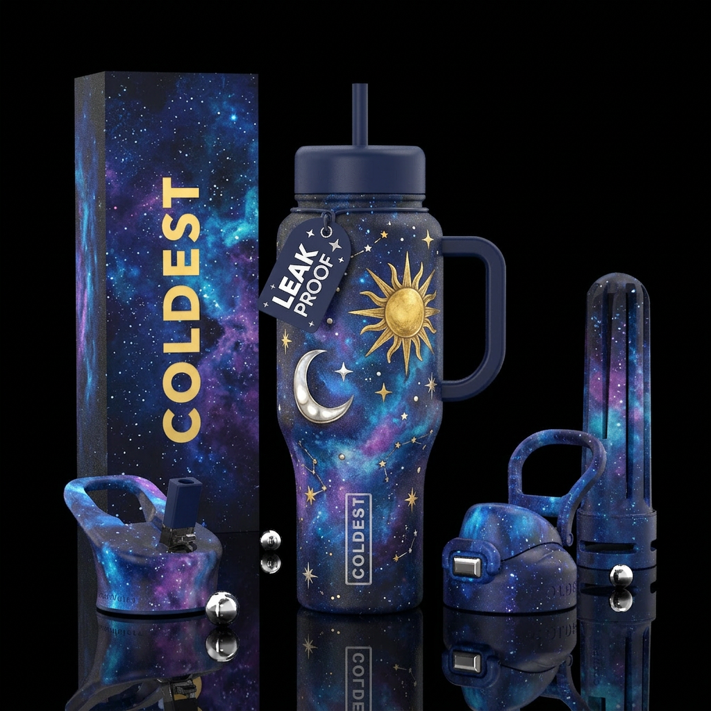 Moon sun stars galaxy water bottle design