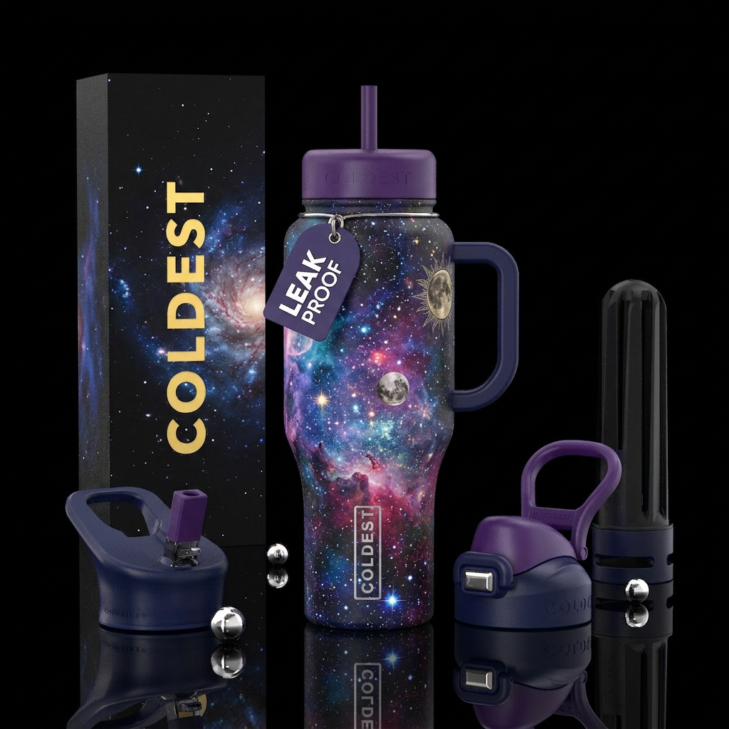 Moon sun stars galaxy water bottle design