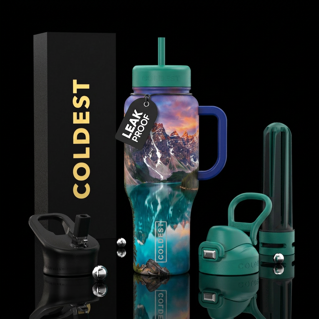 mountains, lake water bottle design