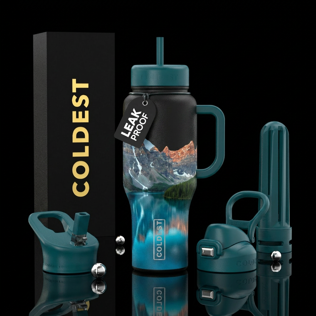Mountain, lake water bottle design