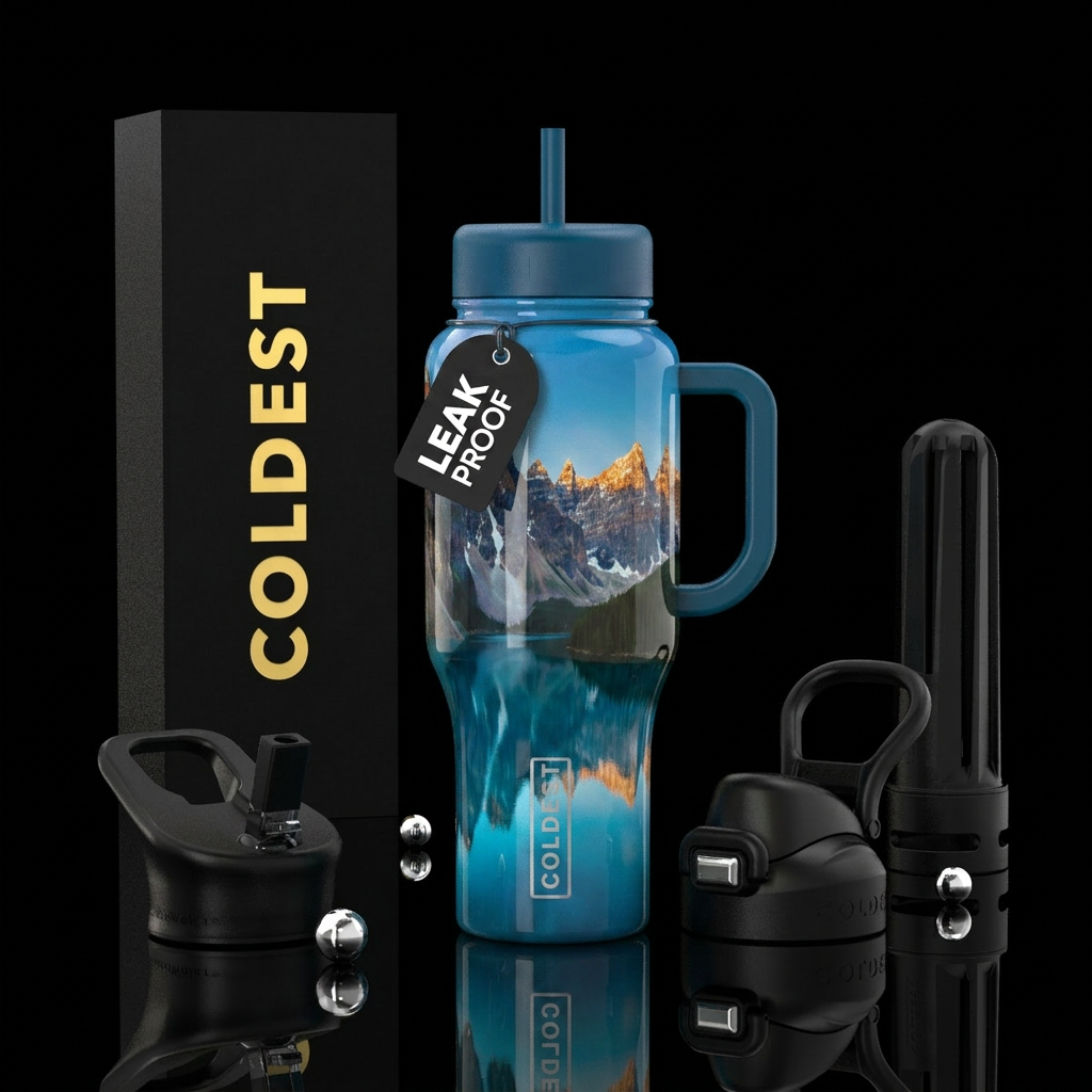 Mountain, lake water bottle design
