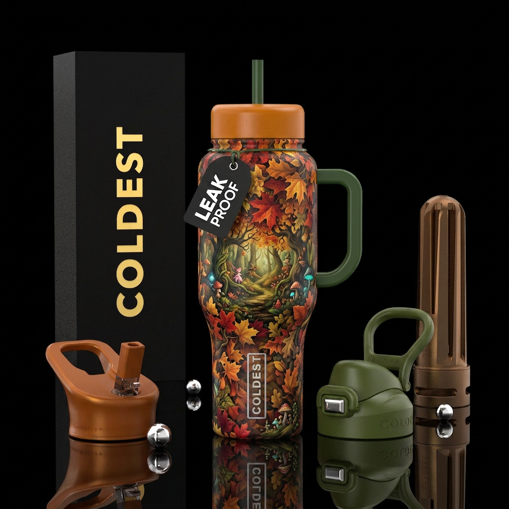 autumn leaves, wonderland water bottle design