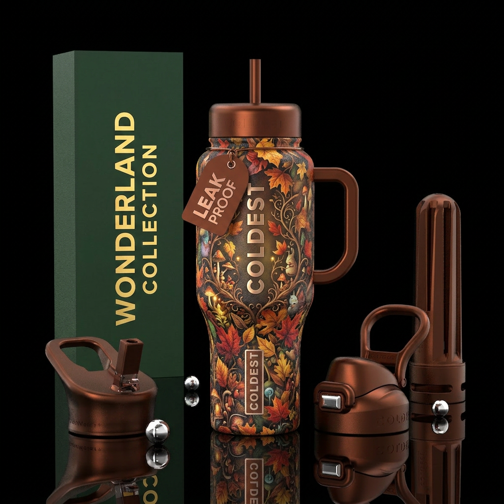 autumn leaves, wonderland water bottle design