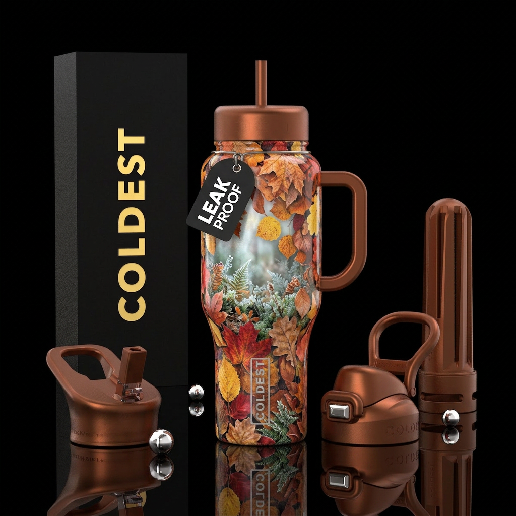autumn leaves, wonderland water bottle design