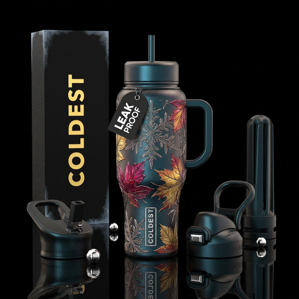 autumn leaves, wonderland, icey morning water bottle design