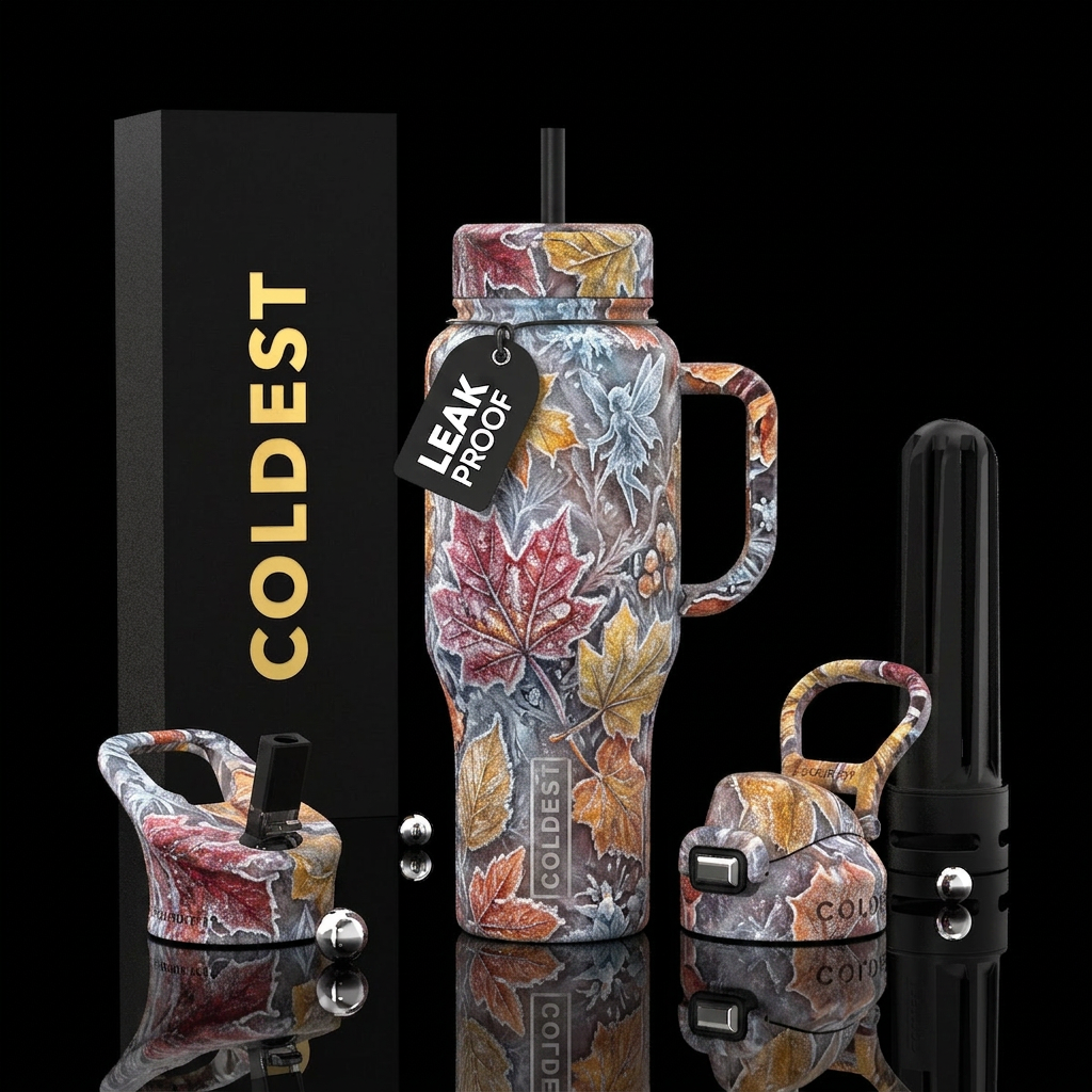 autumn leaves, wonderland, icey morning water bottle design