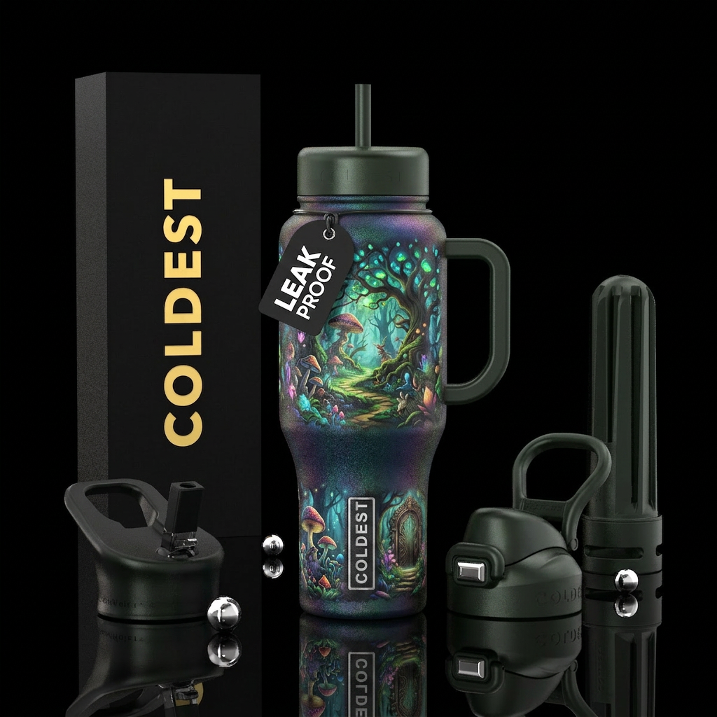 wonderland, enchanted forest water bottle design