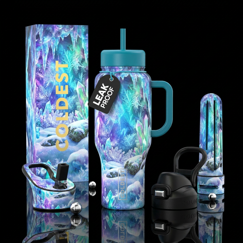 crystal cave, winter wonderland water bottle design