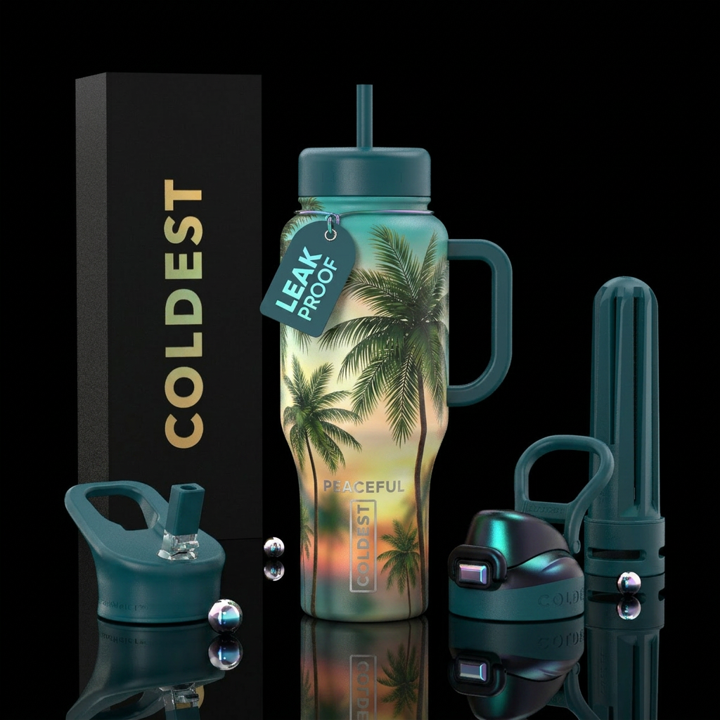 palm trees, peaceful water bottle design